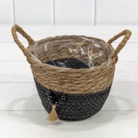 Корзина плетёная Круглая 18*13 (±5%) из камыша и бумаги с ручками Натуральный/Чёрный 1/96 Арт: 420126/8