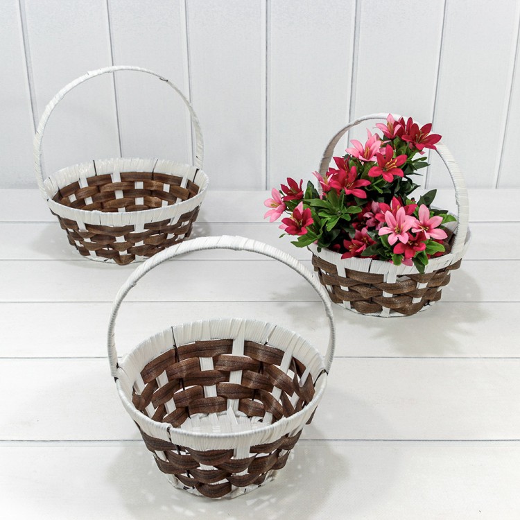 Корзины плетёные Круглые Набор 1/3 25*10 (±5%) из пластика с ручкой Белый/Коричневый 1/20 Арт: 420178/2192