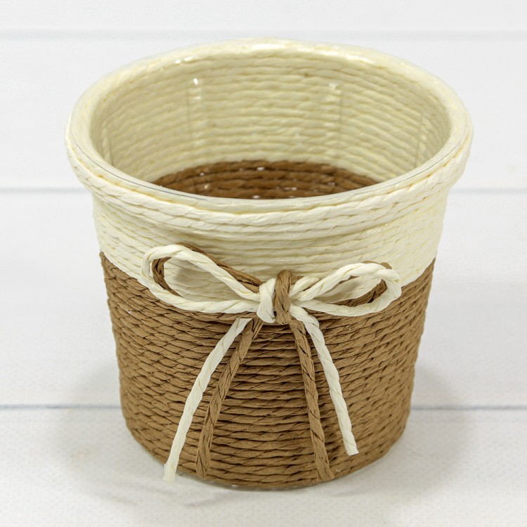 Кашпо плетёное Круглое 10*9 (±5%) из бумаги с бантиком Коричневый 1/100 Арт: 420144/12