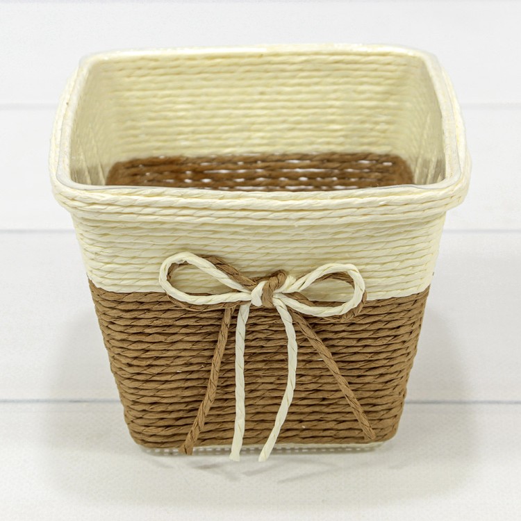 Кашпо плетёное Квадратное 13*10 (±5%) из бумаги с бантиком Коричневый 1/80 Арт: 420142/12